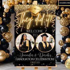 Editable Double Graduation Party Welcome Sign Photo Template, They Did It, Black Gold Neon, Printable Grad Party Decor, Instant Download