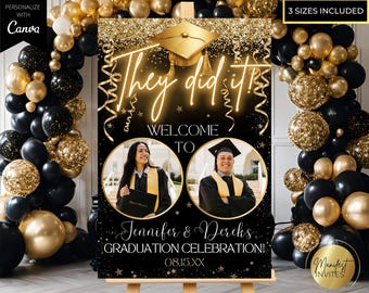 Editable Double Graduation Party Welcome Sign Photo Template, They Did It, Black Gold Neon, Printable Grad Party Decor, Instant Download