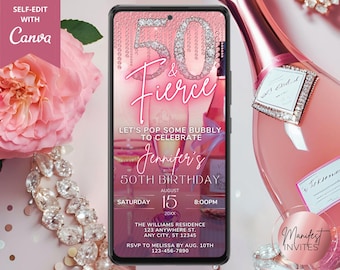 Digital 50 and Fierce 50th Birthday Party Invitation, Pink Champagne Diamonds, Text Evite, Editable Canva Template, Instant Download, PC25