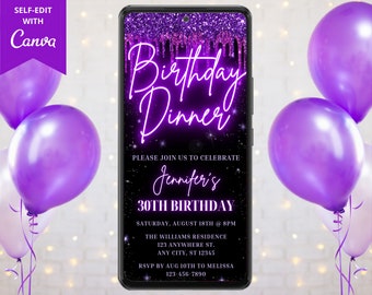 Cena de cumpleaños digital Neón Púrpura Glitter Drip Party Invitación, Texto electrónico de teléfono móvil Evite, Plantilla editable, Descarga instantánea