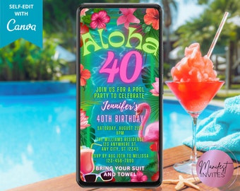 Könnte beinhalten: Eine digitale Einladung auf einem Smartphone-Bildschirm mit einem tropischen Poolparty-Thema, Hibiskusblüten, einem rosa Flamingo und dem Text Aloha 40, Jennifer's 40th Birthday, Saturday August 21st 8pm, sowie weiteren Party-Details.