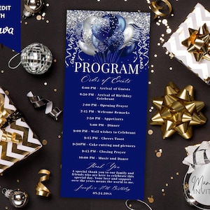 Pode incluir: Um programa de eventos azul marinho com gráficos de balões prateados e azuis. O programa inclui o texto "PROGRAMA Ordem dos Eventos" e um cronograma. As palavras "SELF-EDIT WITH Canva" estão no canto superior esquerdo.