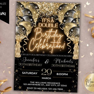 Editable Adult Joint Birthday Party Invitation Template, Double Birthday Celebration, Black Gold Glam Balloons, Printable, Instant Download