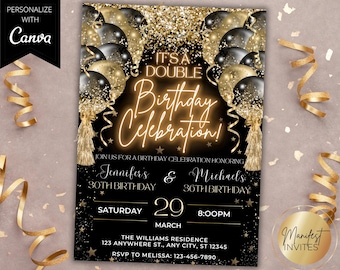 Editable Adult Joint Birthday Party Invitation Template, Double Birthday Celebration, Black Gold Glam Balloons, Printable, Instant Download