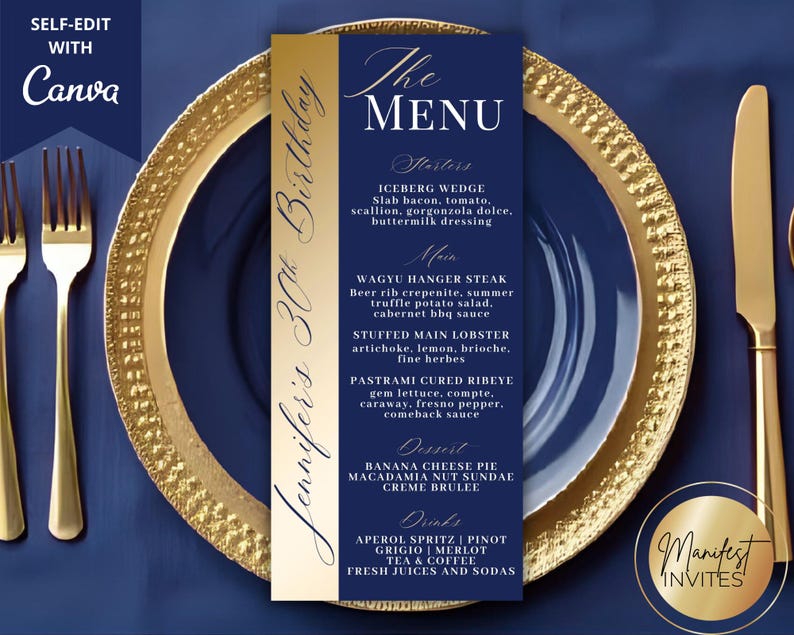 Gold Rimed Card Design Editable Blue Gold Birthday Dinner Party Menu and Drink Card, Modern ...