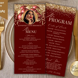 Bewerkbare roodgouden glitterballonnen Menuprogramma en bedankt fotokaart, glamour verjaardag afstuderen partij decor, afdrukbare canva-sjabloon