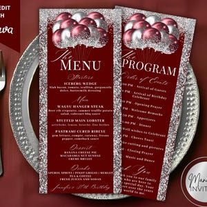 May include: Burgundy menu and program cards with silver glitter accents and balloon graphics. The menu lists starters, main courses, desserts, and drinks. The program outlines the order of events for a birthday celebration. The text reads "Jennifer's 30th Birthday."
