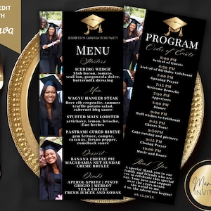 May include: Black and gold graduation party menu and program cards. The menu includes starters, main courses, desserts, and drinks. The program lists the order of events, including arrival times, dinner, and music. The cards are on a gold plate.