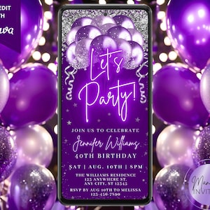 Digital Let&#39;s Party Purple Silver Balloons Birthday Party Invitation, Elegant Glam, Phone Evite, Editable Template, Instant Download, PS82