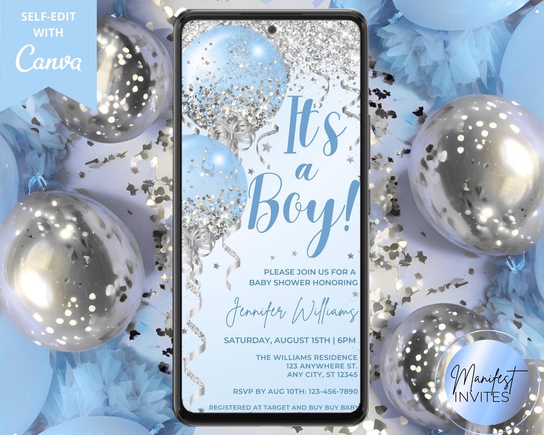 Digital It's a Boy Blue Silver Glitter Balloons Glam Baby Shower ...