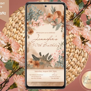 Invitación digital de fiesta de cumpleaños con diseño floral boho boho, texto electrónico para teléfono, fiesta rústica boho, plantilla editable, descarga instantánea