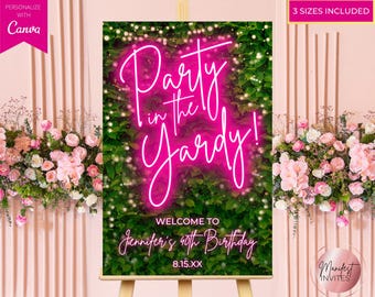 Editable Party in the Yardy Birthday Welcome Sign, Pink Neon Greenery, Backyard BBQ Decor, Garden Party Poster, Printable Canva Template
