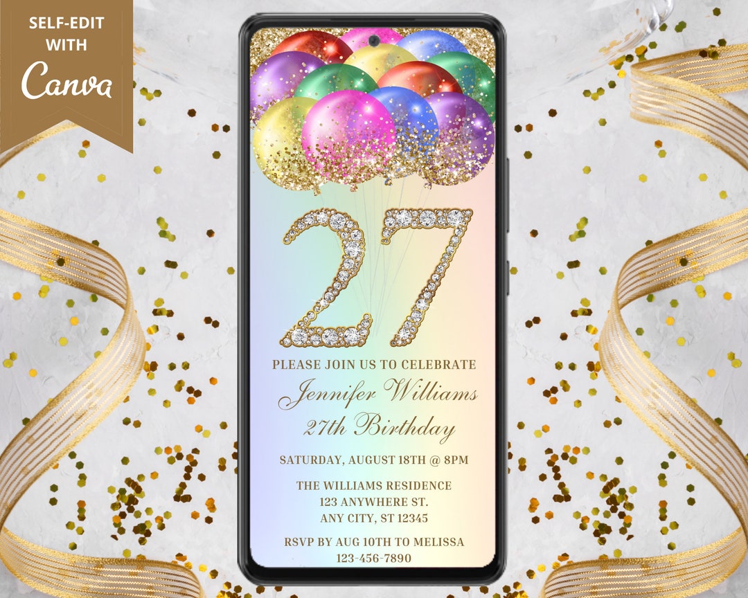 Digital 27th Birthday Party Invitation, Electronic Text Message Evite