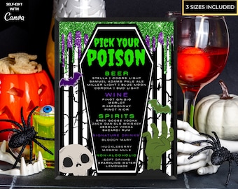 Editable Halloween Party Bar Menu Template, Pick Your Poison, Printable Drinks Sign, Halloween Cocktails Bar Table Sign, Instant Download