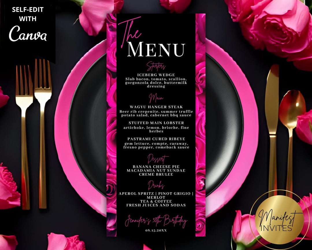 Editable Hot Pink Floral Roses Dinner Menu and Drink Card, Printable ...