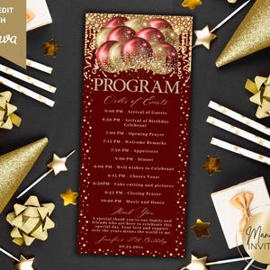 Puede incluir: Un programa de cumpleaños burdeos con detalles dorados y el texto "PROGRAMA Orden de Eventos". El diseño incluye confeti dorado, globos y estrellas. El programa detalla el horario de una celebración de 30 cumpleaños.