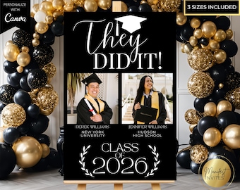 Editable Double Graduation Party Photo Welcome Sign, They Did It, 2 Person Graduation, Modern Black White Decor, Printable Canva Template