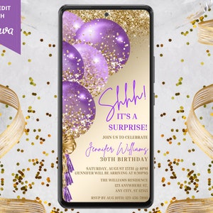 Invitation de fête d'anniversaire Surprise or violet numérique, texte de téléphone électronique Evite, ballons scintillants, modèle modifiable, téléchargement immédiat