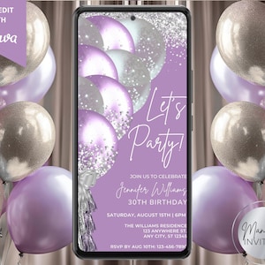 Digital Let&#39;s Party Lavender Purple Silver Balloons Birthday Invitation, Electronic Phone Evite, Editable Canva Template, Instant Download