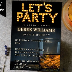 Afdrukbare Let's Party Whisky-verjaardagsuitnodiging voor heren, afdrukbare verjaardagsflyer uitnodigen, bewerkbare sjabloon, Instant Download WM42