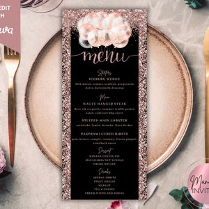 Editable Rose Gold Glitter Balloons Birthday Dinner Menu Card, Printable Event Menu and Drink Card, Editable Template, Instant Download