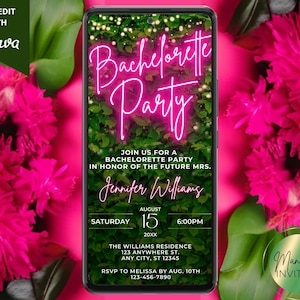 Digital Bachelorette Party Invitation, Hen Party, Girls Night Out, Pink Neon Greenery, Editable Template, Phone Evite, Instant Download