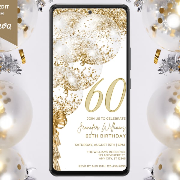 Electronic 60th Birthday Party White Gold Glitter Balloon Invitation, Digital Phone Text Email Evite, Editable Template, Instant Download