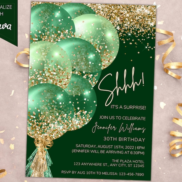 Editable Surprise Birthday Party Invitation, Printable Birthday Invite, Green Gold Glitter Balloons, Shhh It's a Surprise, Instant Download