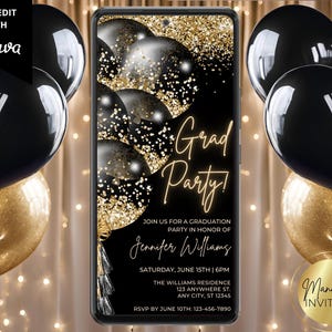 Invito digitale per festa di laurea, palloncini neri e oro, festa di laurea del liceo, invito di testo, modello modificabile, download immediato