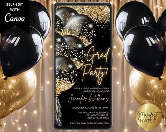 Uitnodiging digitale afstudeerfeest, zwartgouden ballonnen, High School College Grad Party, tekst Evite, bewerkbare sjabloon, Instant Download