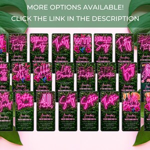 May include: A collection of 20 digital birthday party invitations with neon pink text on a green leafy background. The text includes phrases like "Talk Thirty to Me", "She Did It", "Let's Brunch", and "Party in the Yard".