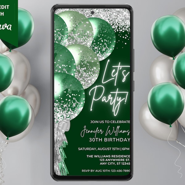 Digital Green Silver Balloons Birthday Party Invitation, Electronic Birthday Invite, Editable Template, Text Invite, Evite, Instant Download