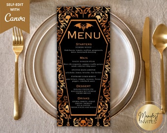Editable Halloween Party Dinner Menu Template, Black Orange Skulls, Printable Halloween Dinner Party Menu, Food Menu, Instant Download