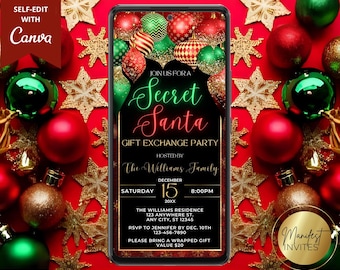 Puede incluir: Una invitación digital para una fiesta de intercambio de regalos de Secret Santa. La invitación, que se muestra en un teléfono inteligente, presenta un fondo negro con texto verde y rojo y adornos navideños. La invitación incluye la fecha, la hora y el lugar de la fiesta.