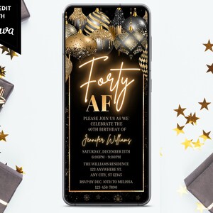 デジタルフォーティAF40歳の誕生日招待状、電子クリスマス誕生日招待状、ブラックゴールドオーナメント、編集可能なテンプレート、即時ダウンロード