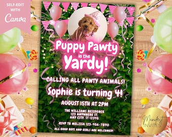 May include: Pink and green birthday party invitation with a picture of a dog wearing a pink crown and a pink bow tie. The invitation says "Puppy Pawty in the Yardy!" and "Sophie is turning 4!" with the date and time of the party. The invitation also includes the address and RSVP information.
