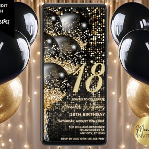 Digital 18th Birthday Black Gold Balloons Party Invitation, Elegant Modern Glam, Electronic Phone Evite, Editable Template, Instant Download