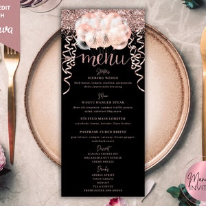 Bewerkbare roze roségouden glitterballonnen diner menukaart verjaardag, afdrukbare evenementmenu en drankkaart, bewerkbare sjabloon, direct downloaden