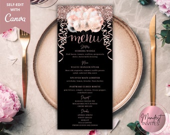 Carte de menu modifiable pour le dîner d'anniversaire, ballons scintillants roses roses, menu de l'événement imprimable et carte des boissons, modèle modifiable, téléchargement immédiat