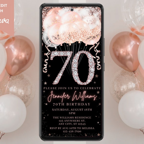 Digital 70th Birthday Pink Rose Gold Diamond Balloons Party Invitation, Electronic Phone Evite, Editable Template, Instant Download, RGB3