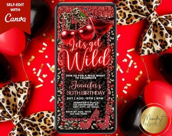 Digital Let's Get Wild Cheetah Cherry Birthday Party Invitation, Glam Girls Night Out, Leopard Diamond and Martini, Editable Canva Template