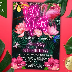 Editable Tropical Let&#39;s Party Birthday Invitation, Jungle Beach Luau, Pink Neon, Printable Invite, Editable Template, Instant Download