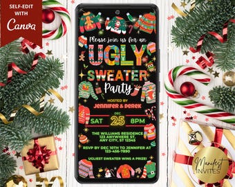 Digital Ugly Sweater Holiday Party Invitation, Tacky Xmas Christmas Sweater Contest, Text Evite, Editable Canva Template, Instant Download