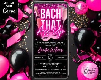 Digital Bachelorette Pajama Slumber Party Invitation, Bach That Ass Up, Pink Glitter Drip, Phone Evite, Editable Template, Instant Download