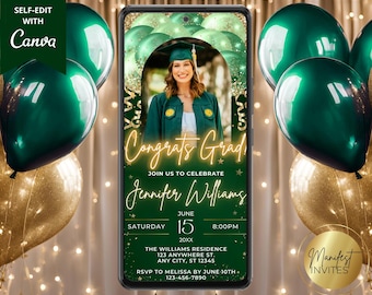 Invitación fotográfica digital para fiesta de graduación, globos verdes y dorados, felicitaciones al graduado, plantilla editable para teléfono electrónico, descarga instantánea