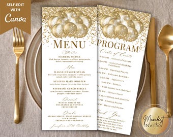 Bearbeitbares elegantes Weißgold-Glitzerballons-Menüprogramm und Dankeskarte, Glam-Geburtstags-Abschluss-Partydekor, druckbare Canva-Vorlage