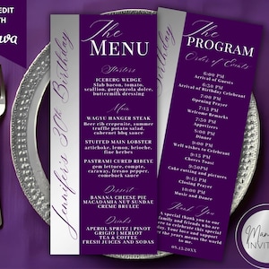 May include: A purple menu and program set for a 30th birthday celebration. The menu lists starters, main courses, desserts, and drinks. The program outlines the order of events, including arrival times, dinner, and toasts. The design includes silver accents and the text "Jennifer's 30th Birthday."