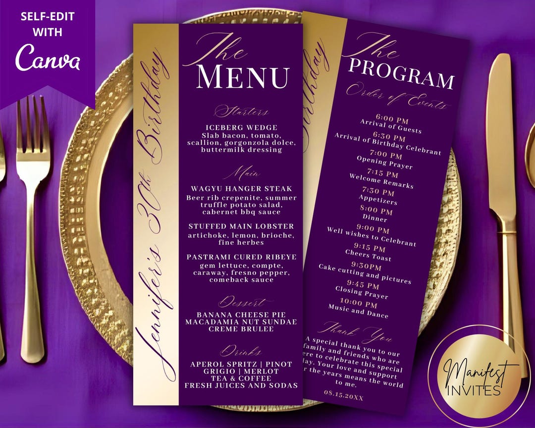 Editable Elegant Purple Gold Menu Program and Thank You Card, Modern ...