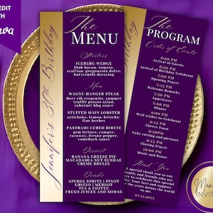 May include: Purple and gold menu and program cards for a 30th birthday celebration. The menu details starters, main courses, desserts, and drinks. The program outlines the event's schedule, including arrival times, dinner, and toasts. The cards are set on a gold-rimmed plate.