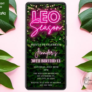 Digital Zodiac Leo Season Birthday Party Invitation, Electronic Phone Text Evite, Pink Neon Greenery, Editable Template, Instant Download